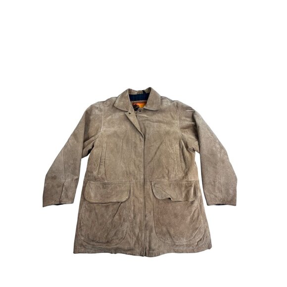 Outbrook Womens Large Tan Leather Barn Jacket Plaid Blanket Lining Flap Pockets - Picture 1 of 12